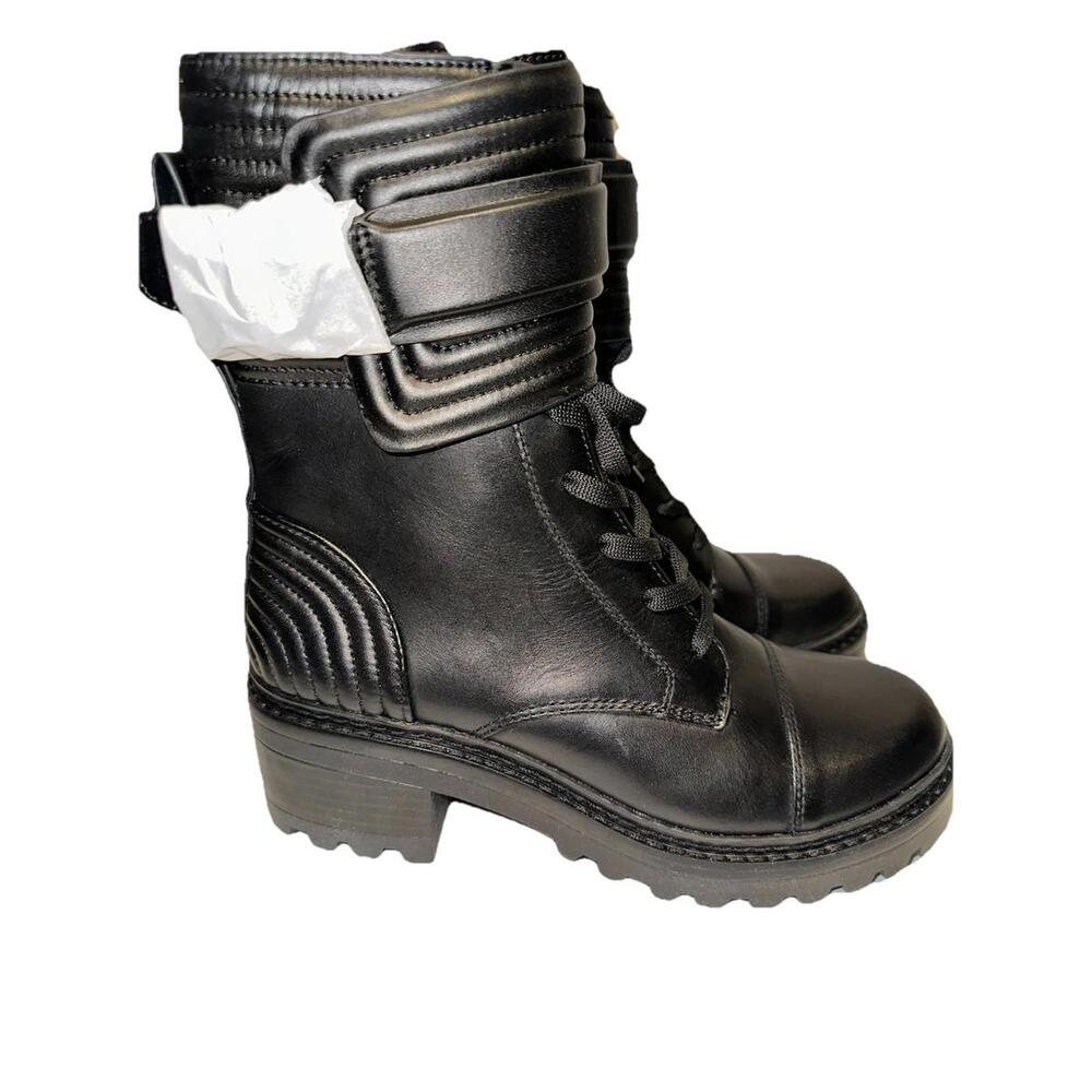 DKNY Women's Black Basia Buckled Quilted Lug Sole Combat Boots Shoe Size 6.5M